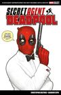 „Secret Agent Deadpool“. „This gun may have a silencer, but I sure don’t“. Illustration: Deadpool im weißen Anzug mit Waffe.