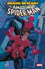 "BRAND NEW DAY, THE AMAZING SPIDER-MAN" steht oben. Illustration: Zwei Spider-Man-Figuren, eine ohne Maske, in einer Stadt bei Nacht.