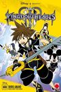 "Kingdom Hearts", Illustration mit Figuren in actionreicher Pose, gelber Schlüssel, schwarzes Outfit, lebhafte Mimik, Disney-Elemente.