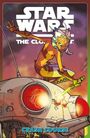 "Star Wars The Clone Wars Crash Course." Eine Figur mit Lichtschwert auf einem futuristischen Gefährt. Comic-Stil.