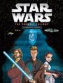 Texte: "Star Wars", "The Prequel Trilogy", "A Graphic Novel". Illustration dreier Figuren mit futuristischen Waffen und Sternenhintergrund.