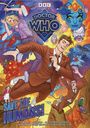 "Doctor Who", "Save the Humans!". Cartoonstil, Figuren in Actionpose, Aliens im Hintergrund, betont dynamische Szene.