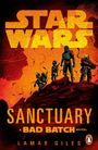 "Star Wars: Sanctuary, A Bad Batch Novel" von Lamar Giles. Illustration mit vier Figuren in Rüstungen vor einer feurigen Kulisse.