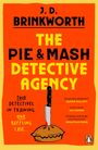 Text: J.D. Brinkworth, The Pie & Mash Detective Agency. Zwei Detektive in der Ausbildung, ein mysteriöser Fall. Illustration: Ein Messer steckt in einem Pie. Rezensionen von Janice Hallett, Ian Moore, Jonathan Ross. Unten rechts ein Pinguin-Logo.