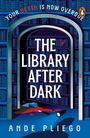 Text: "YOUR DEATH IS NOW OVERDUE", "THE LIBRARY AFTER DARK", "ANDE PLIEGO". 

Illustration: Eine dunkle Bibliothek mit Büchern, Blutlache, Taschenlampe, Messer.