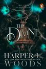 „His Love Is Her Light“ oben. „The Divine“ zentral. „Harper L. Woods“ darunter. Glocke mit blauen Blumen und Ranken im Hintergrund.