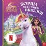„Sophia Meets Her Unicorn“, „Unicorn Academy“ und „A Netflix Series“. Rechts eine Person mit Einhorn vor einem Schloss.