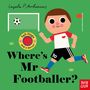 „Where’s Mr Footballer?“ – Ein Cartoon-Fußballer mit einem Ball und Tor, bunte Grafik.