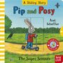 Text: "Pip and Posy", "A Sliding Story", "Axel Scheffler", "The Super Scooter". Illustration: Hase mit Roller, Vogel, Landschaft.
