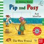 "Pip and Posy: The New Friend" von Axel Scheffler. Illustration von einem Strand, mit Tieren, Sandburg und Strandball.