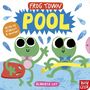 "FROG TOWN POOL" in Großbuchstaben, "With 10 sliders + a mirror!", Zwei grüne Frösche mit Schwimmausrüstung in einer Illustration.