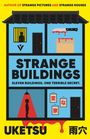 Titel: "Strange Buildings". Ein Haus mit blauen Räumen, ein roter Lichtschein, und rote Tropfen.