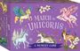 „MATCH the UNICORNS: A MEMORY GAME“ steht auf einem lila Hintergrund. Verschiedene farbige Einhörner und Blumen sind abgebildet.