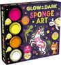 "Glow in the Dark Sponge Art", drei Schwammwerkzeuge, drei Neonfarbtöpfe. Ein Einhorn, Gecko, Schildkröte und Tiger.