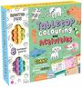 "Tabletop Colouring and Activities" in bunten Buchstaben, mit Illustrationen von Tieren und Farbgeruchsstiften.