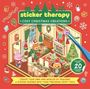 „Sticker Therapy: Cosy Christmas Creations“. Eine weihnachtlich dekorierte Szene mit niedlichen Tierfiguren im Wohnzimmer.