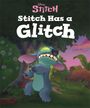 Text: "Stitch Has a Glitch". Illustration eines blauen Wesens mit großen Ohren und offenen Armen in tropischer Natur.