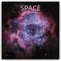 Text: "SPACE 2027 Calendar". Eine farbenfrohe Weltraumaufnahme mit rosa und violetten Gaswolken und funkelnden Sternen.