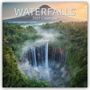 "WATERFALLS 2027 Calendar" in weißem Text oben. Ein Wasserfall inmitten eines dichten, grünen Waldes, im Hintergrund ein Berg.