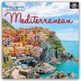 „16-Month 2027 Calendar Mediterranean“ in roter Schrift. Bunte Häuser auf einer Klippe über blauem Meer.