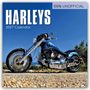 Texte: "HARLEYS 2027 Calendar", "100% UNOFFICIAL". Motorrad auf Kiesweg, blauer Himmel, Vegetation im Hintergrund.