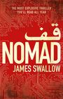 "The most explosive thriller you'll read all year. Nomad. James Swallow." Roter Hintergrund mit Schaltkreismuster.