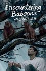 „Encountering Baboons“ und „Wil Gesler“. Ein Mann sitzt gedankenverloren unter Bäumen mit Pavianen. Illustration.