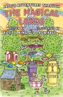 Kinderbuchillustration: Farbenfrohe Landschaft mit Tieren in Abenteuerwelt, Regenbogen im Hintergrund, Baumhaus, springende Hunde.