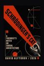 "Schrödinger's Cat" und geometrische Linien, Kreise und ein Katzenauge bilden eine stilisierte Illustration.