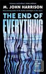 "THE END OF EVERYTHING" von M. John Harrison. Booker Prize 2026. Silhouette vor abstrakten Linien in Blau- und Lilatönen.