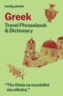 "Greek Travel Phrasebook & Dictionary." Olivenzweig, griechische Architektur und Vase mit Figuren auf grünem Hintergrund.