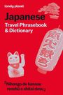 "Japanese Travel Phrasebook & Dictionary" auf rotem Hintergrund mit Maneki-neko, Laterne und Bonsai.