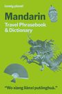 "Mandarin Travel Phrasebook & Dictionary", Zitat: "Wo xiang liànxí putōnghuà." Illustrationen einer Vase, Drache und eines Fächers.