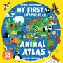 "Lonely Planet Kids: My First Lift-the-Flap Animal Atlas" zeigt bunte Tierillustrationen auf blauem Grund mit über 50 Klappen.