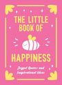 "The Little Book of Happiness. Joyful Quotes and Inspirational Ideas." Pink Hintergrund, gelbe Herzen, süße Bienenillustration.