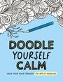 „DOODLE YOURSELF CALM“, oben florale Muster, rechts blauer Stift und Text: „Calm Your Mind Through The Art of Doodling“.