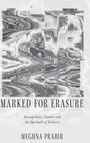 "MARKED FOR ERASURE" in großen Buchstaben, darunter: "Necropolitics, Gender and the Spectacle of Violence". Autor: Meghna Prabir. Abstraktes, verzerrtes Muster.