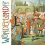 "Calendar 2027. Alice’s Adventures in Wonderland. Illustration mit Königen, Königinnen und einem Mädchen in einer Gartenszene."
