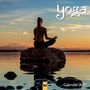 „yoga & Meditation“, „Calendar 2027“. Eine Frau meditiert auf einem Felsen im Wasser bei Sonnenuntergang.