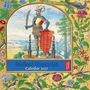 "Medieval Manuscripts Calendar 2027" vor einem Ritter in Rüstung. Verziert mit bunten Blumen, Vögeln und einem Pfau.