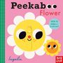 „Peekaboo Flower. With 10 sliders + a mirror!“ Eine fröhliche Illustration einer Blume mit Gesicht auf rosa Hintergrund.