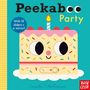 „Peekaboo Party“ Text mit Versprechen von 10 Schiebereglern und Spiegel. Illustration eines lachenden Kuchens mit Kerze.
