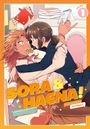 „SORA & HAENA!“, Manga-Illustration, zwei Personen in intensiver Interaktion, umgeben von Büchern und Schreibmaterial.