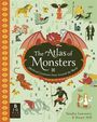 Ein Buchcover mit Text „The Atlas of Monsters: Mythical Creatures from Around the World“. Drachen- und Monsterillustrationen.