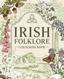 "IRISH FOLKLORE COLOURING BOOK" steht groß. Illustration mit Blumen, Eicheln, einem Schmetterling und einer Ruine im Hintergrund.
