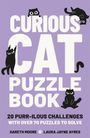 "Curious Cat Puzzle Book" in großen Buchstaben. Schwarze Cartoon-Katzen umgeben den Text auf lila Hintergrund.