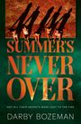 „SUMMER'S NEVER OVER“ steht groß in orange. Vier Menschen werfen lange Schatten auf einen orangen Boden.