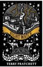 Text: "NIGHT WATCH" und "TERRY PRATCHETT". Eine stilisierte Schildkröte mit Sternen und Elefantenskeletten.