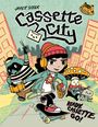 "Jarett Sitter, Cassette City, Ready, Cassette, Go!" Illustration mit Skateboardfahrerin, Band, Stadt und Kassettenmotiv.