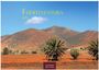 "Fuerteventura 2027" in gelbem Text. Wüstenlandschaft mit Palmen und Bergen unter klarem Himmel.